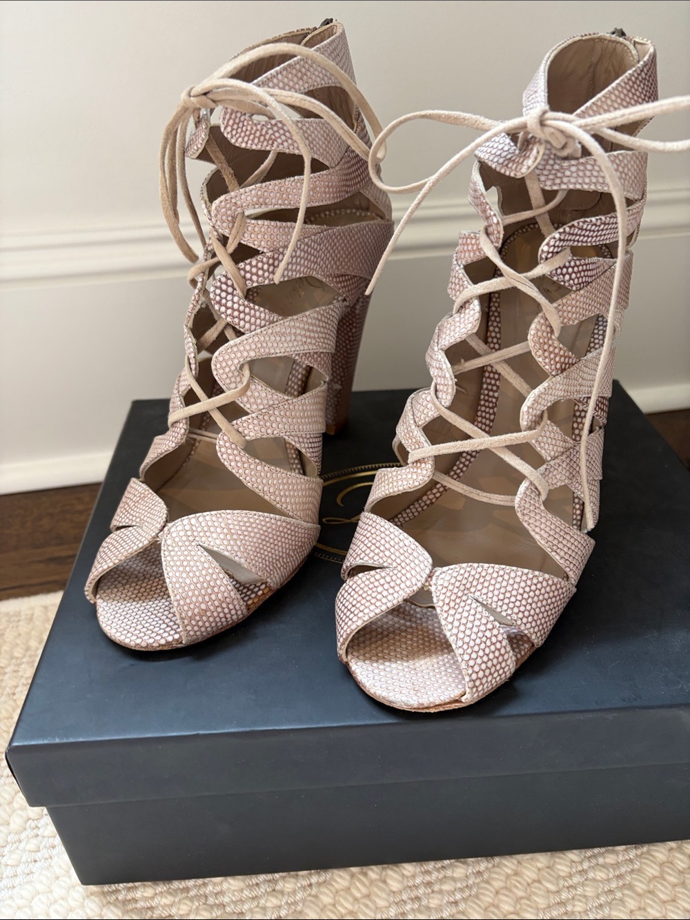 Delman Lace-Up Strappy High Heel Sandals in Blush
